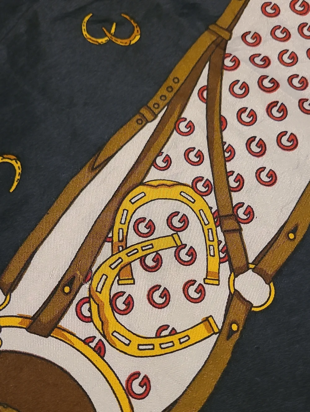 Vintage Gucci 100% Pure Silk Scarf Equestrian GG Logo Horse Head Medallions